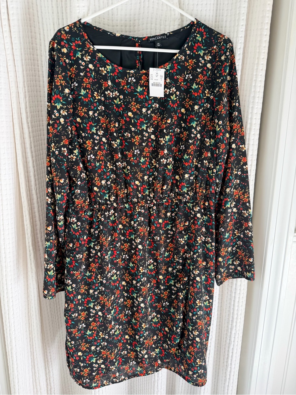J. Crew Factory Black Floral Long-Sleeve Dress with Red and Green Accents